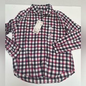 UNI QLO- Girls plaid button down shirt.